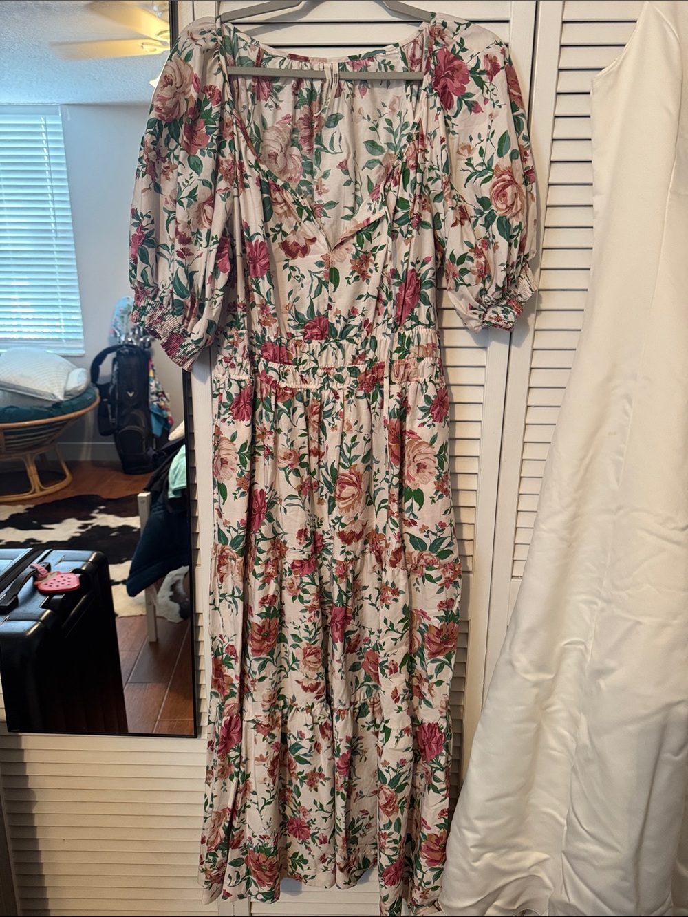Anthropologie Floral Puff-Sleeve Maxi Dress in Cream, Pink and Green